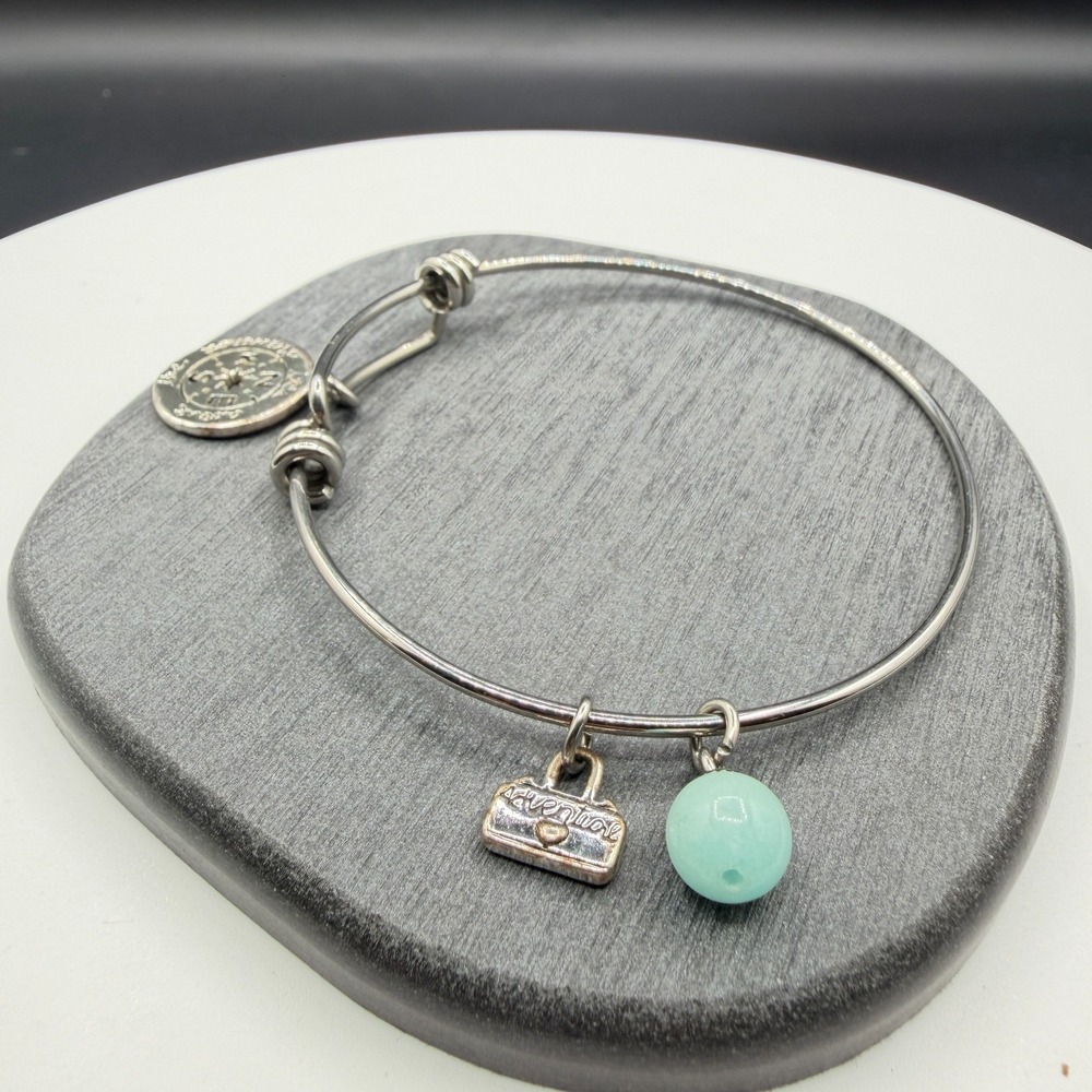Silver Tone Expandable Wire Bangle Adventure Compass Aqua Bead Charm Bracelet